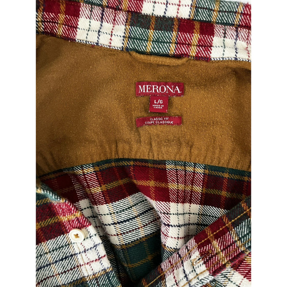 Merona Flannel Shirt Shacket Elbow Patches Red Plaid Western Holiday Size Large - Picture 9 of 11